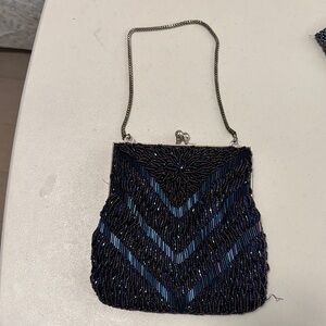 Elegant Black and Blue Beaded Evening Bag